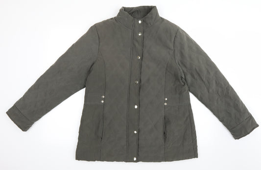 Front view of EWM women’s green quilted jacket, size UK 12