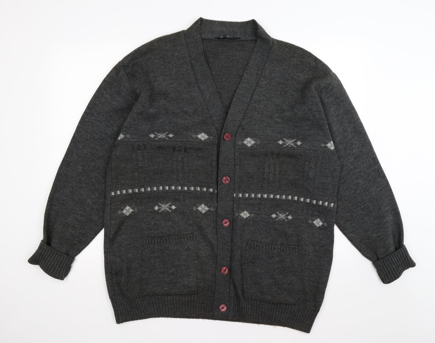 Vintage Mens Grey Argyle/Diamond Knit Cardigan Jumper Size L