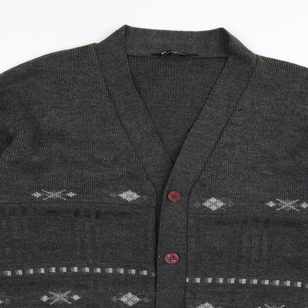 Vintage Mens Grey Argyle/Diamond Knit Cardigan Jumper Size L