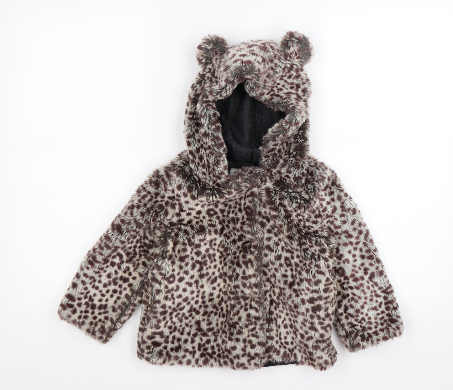 Marks and Spencer Girls Brown Animal Print  Pea Coat Jacket Size 3-4 Years  - leopard print faux fur