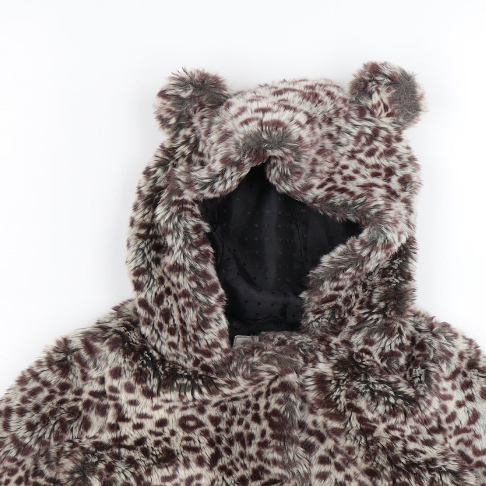 Marks and Spencer Girls Brown Animal Print  Pea Coat Jacket Size 3-4 Years  - leopard print faux fur