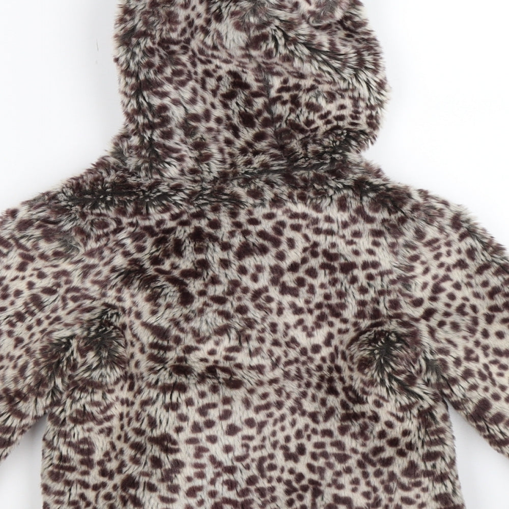 Marks and Spencer Girls Brown Animal Print  Pea Coat Jacket Size 3-4 Years  - leopard print faux fur