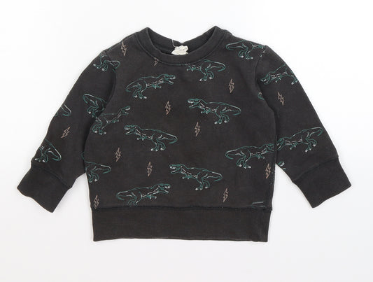 Front view of cotton kids boys’ grey jersey jumper, size 12-18, months - dinosaurs