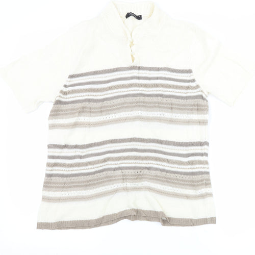 BM Collection Womens Ivory Striped  Basic T-Shirt Size M