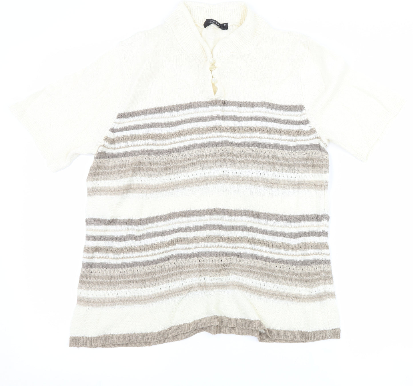 BM Collection Womens Ivory Striped  Basic T-Shirt Size M