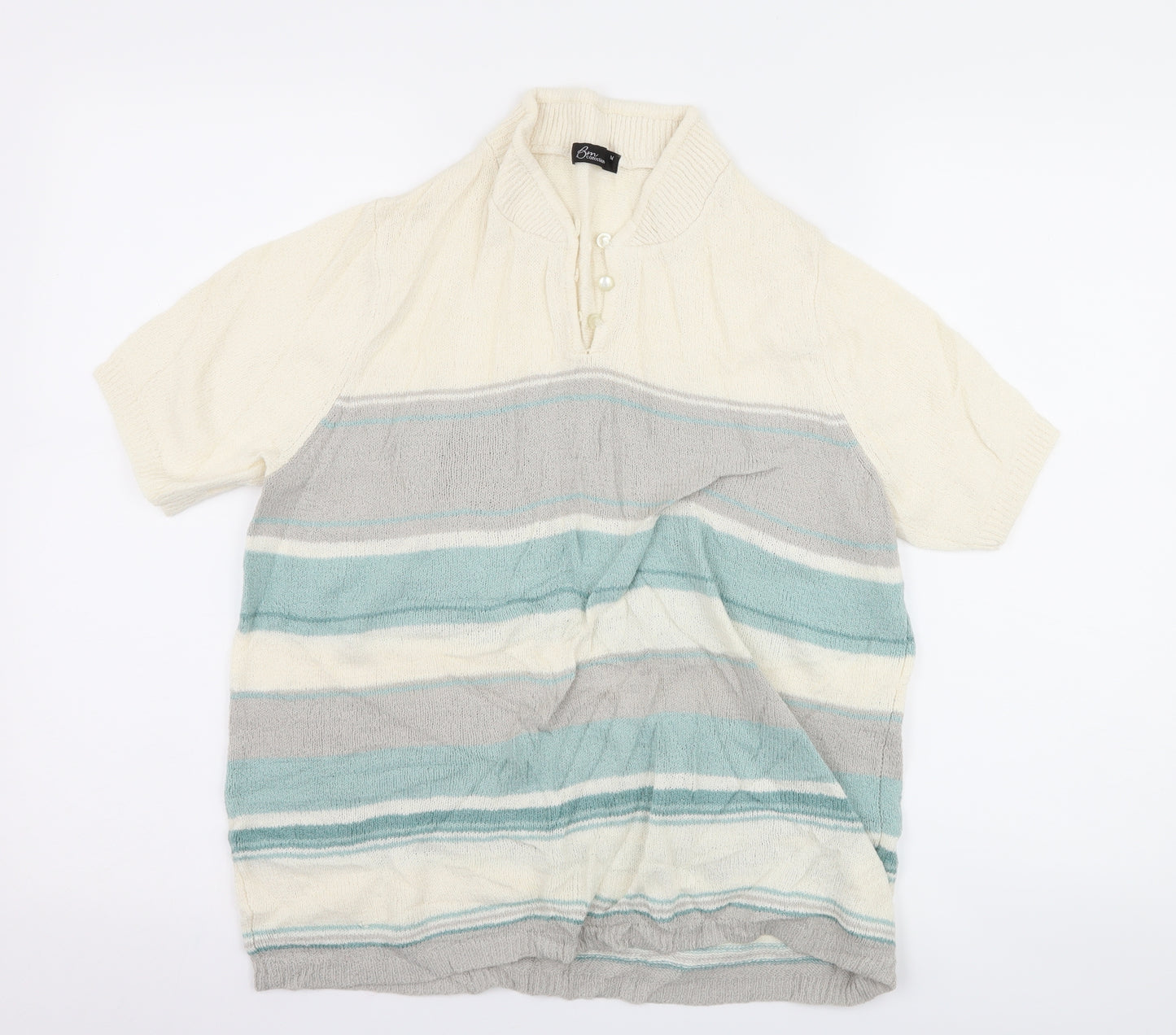 BM Collection Womens Ivory Striped  Basic T-Shirt Size M