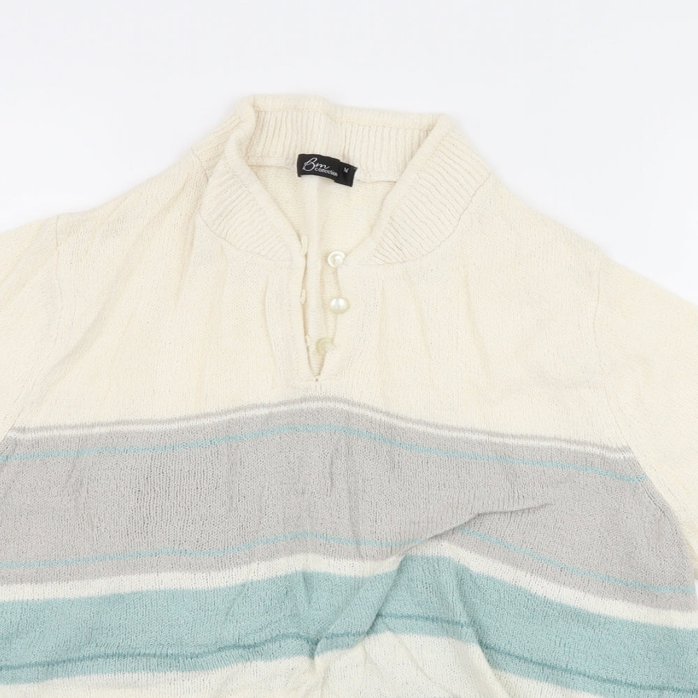 BM Collection Womens Ivory Striped  Basic T-Shirt Size M