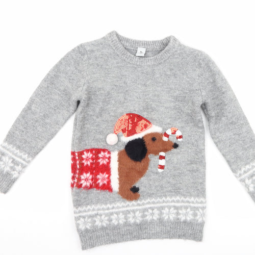 TU Girls Grey   Pullover Jumper Size 5 Years  - Sausage Dog Christmas