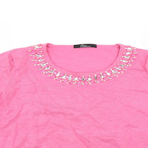 BM Collection Womens Pink   Pullover Jumper Size L  - beaded neckline