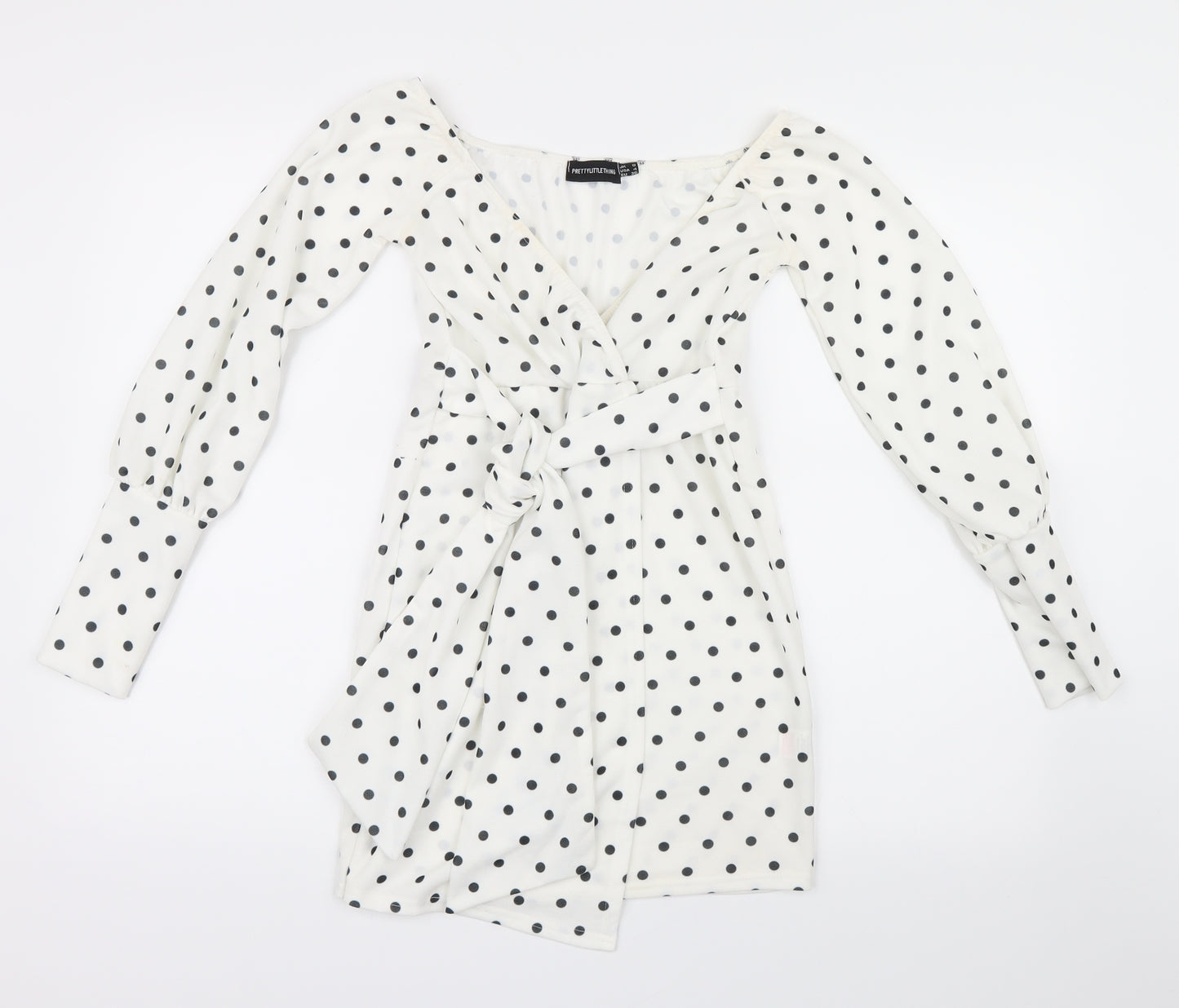 PRETTYLITTLETHING Womens White Polka Dot  Basic Blouse Size 8