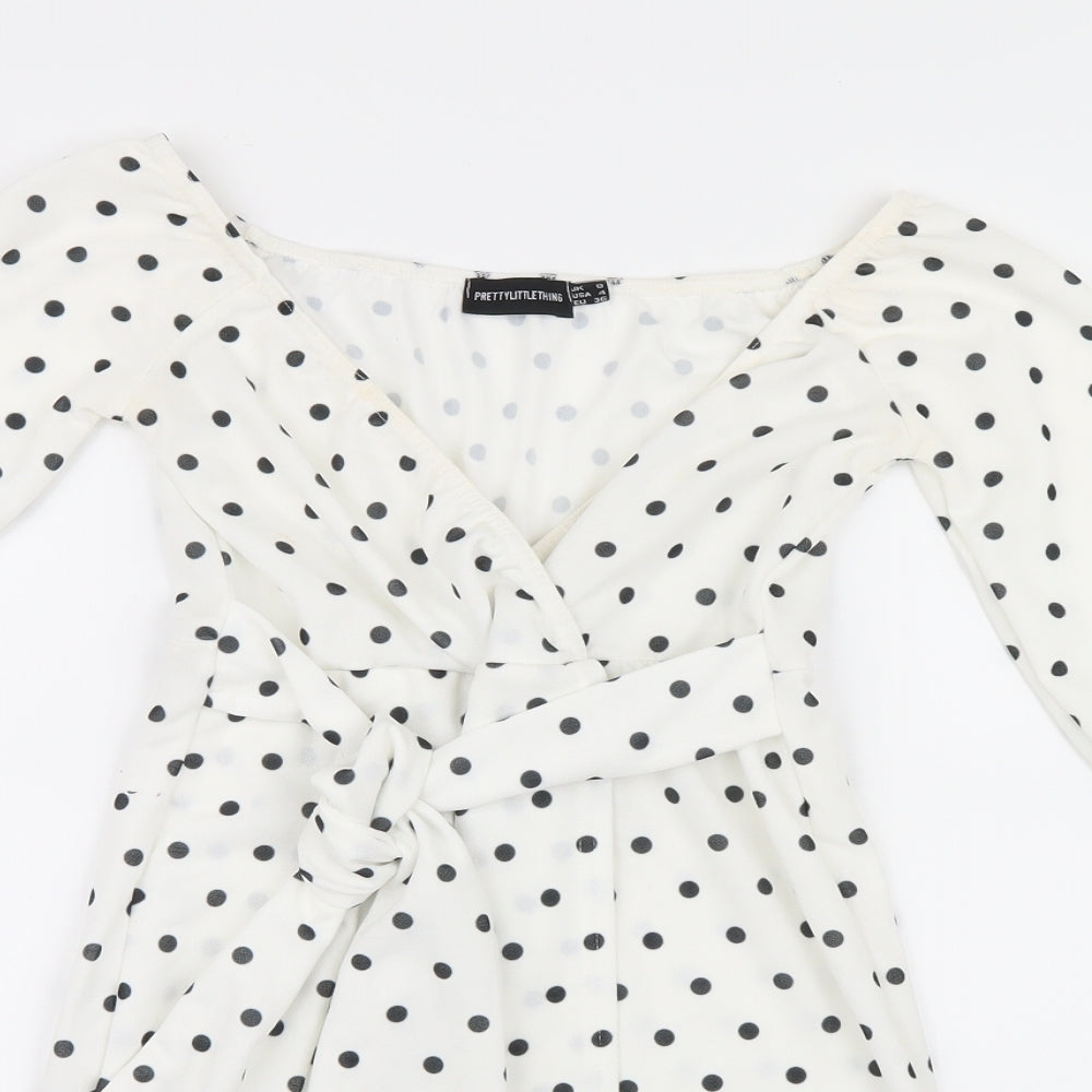 PRETTYLITTLETHING Womens White Polka Dot  Basic Blouse Size 8