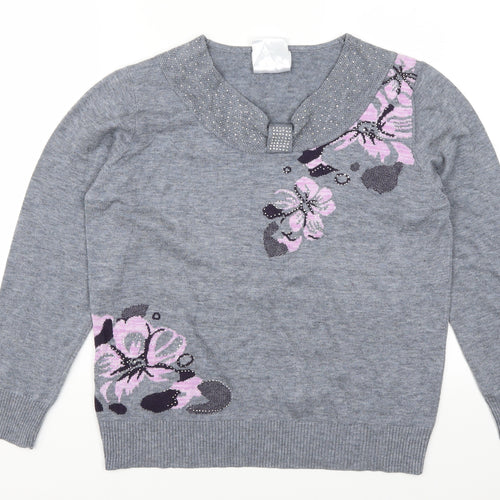 Afibel Womens Grey Floral  Pullover Jumper Size 16
