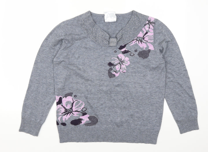 Afibel Womens Grey Floral  Pullover Jumper Size 16