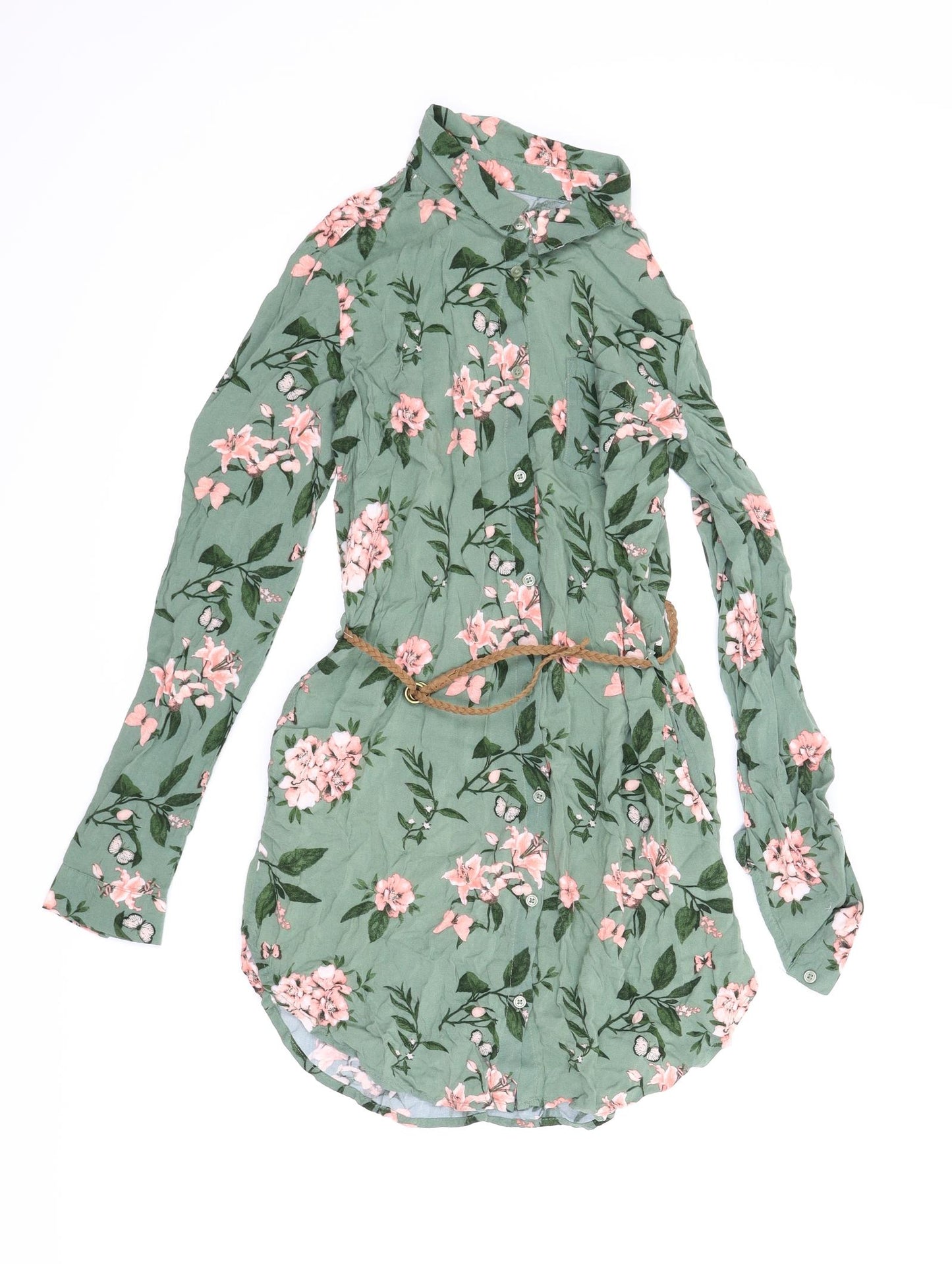 LOGG Girls Green Floral  Shirt Dress  Size 13 Years  - Belt