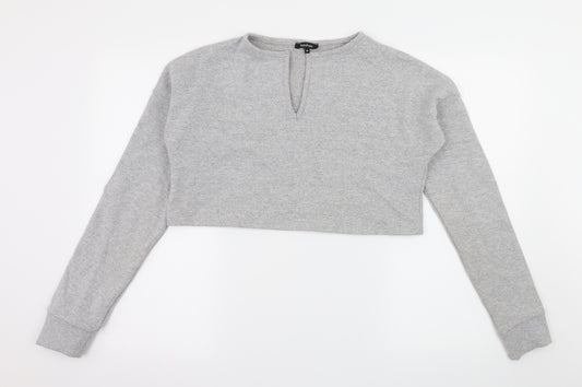 Front view of Boohoo women’s grey jersey pullover sweatshirt, size M
