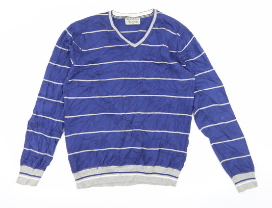 Front view of Burton men’s blue striped knit jumper, size M