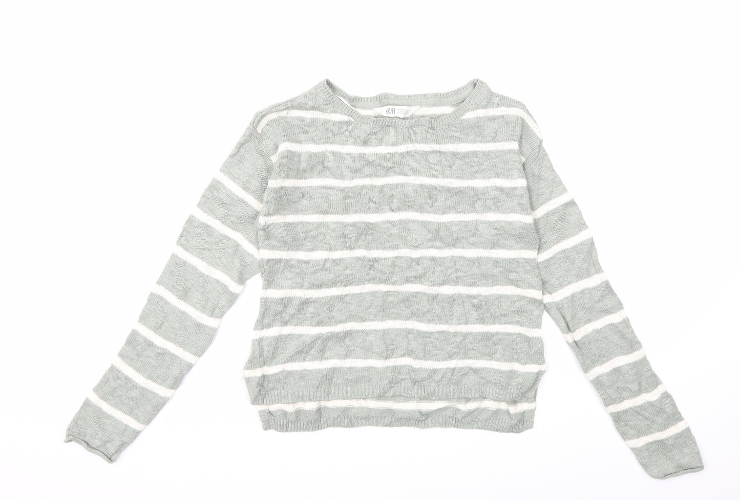 H&M Girls Green Striped Knit Pullover Jumper Size 9-10 Years