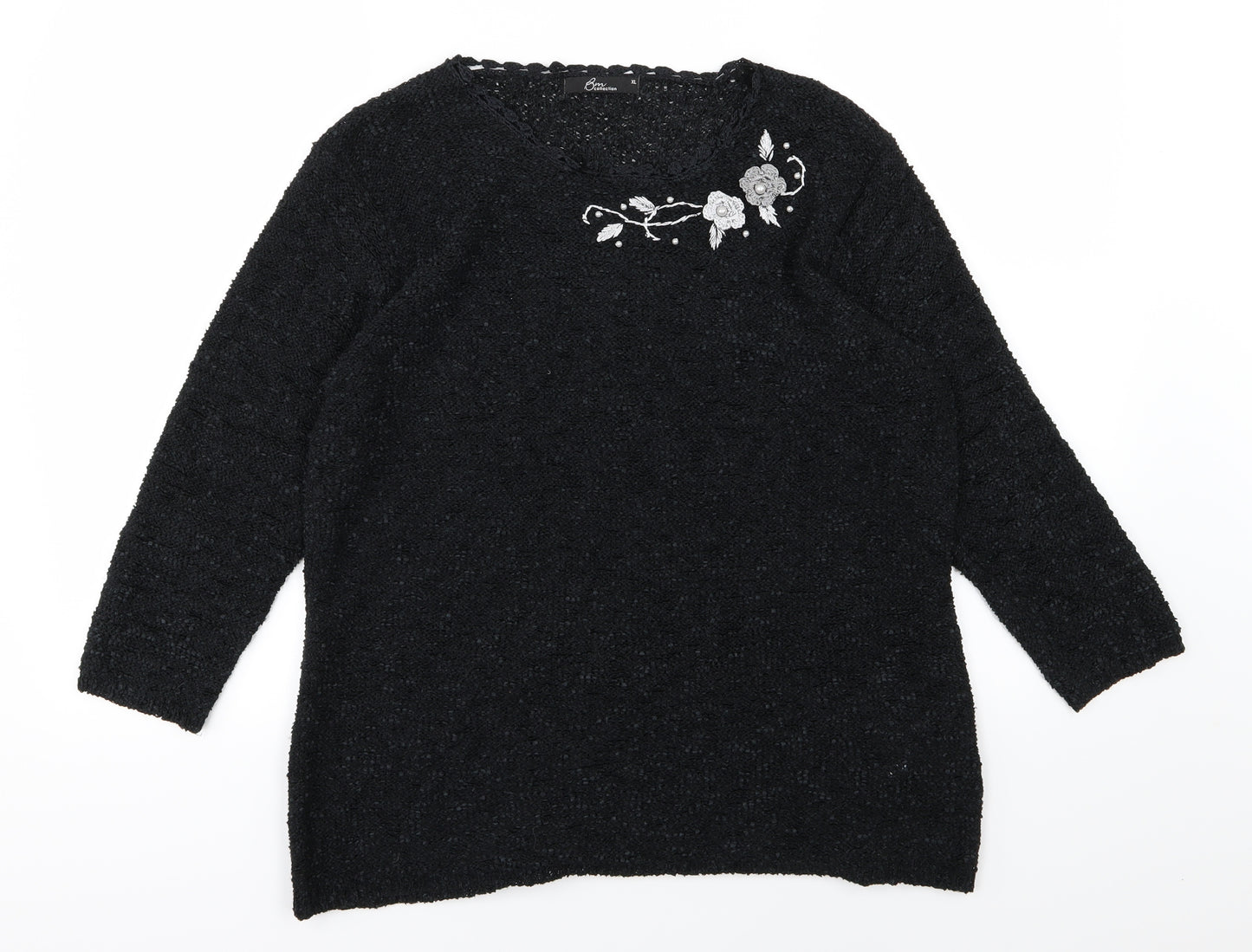 Bonmarché Womens Black Floral Knit Pullover Jumper Size XL