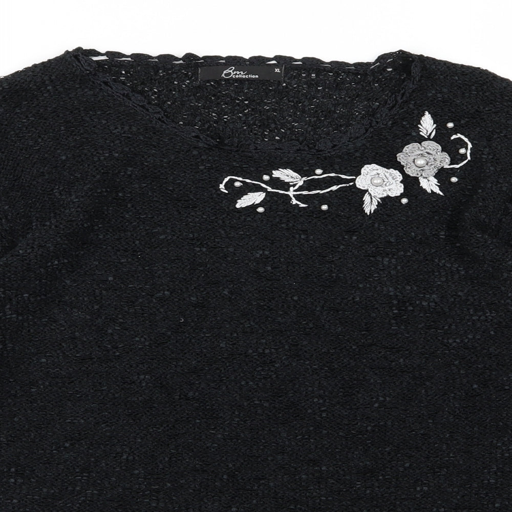 Bonmarché Womens Black Floral Knit Pullover Jumper Size XL