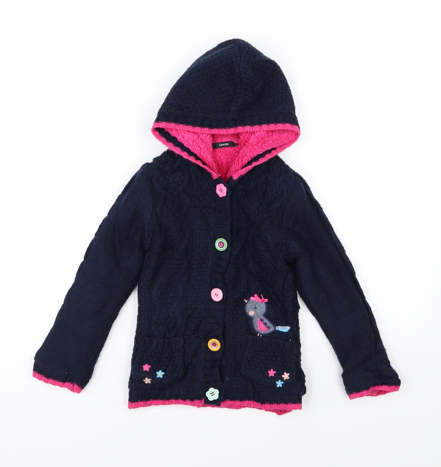 George Girls Blue Floral Knit Cardigan Jumper Size 5-6 Years  - Fleece Lined