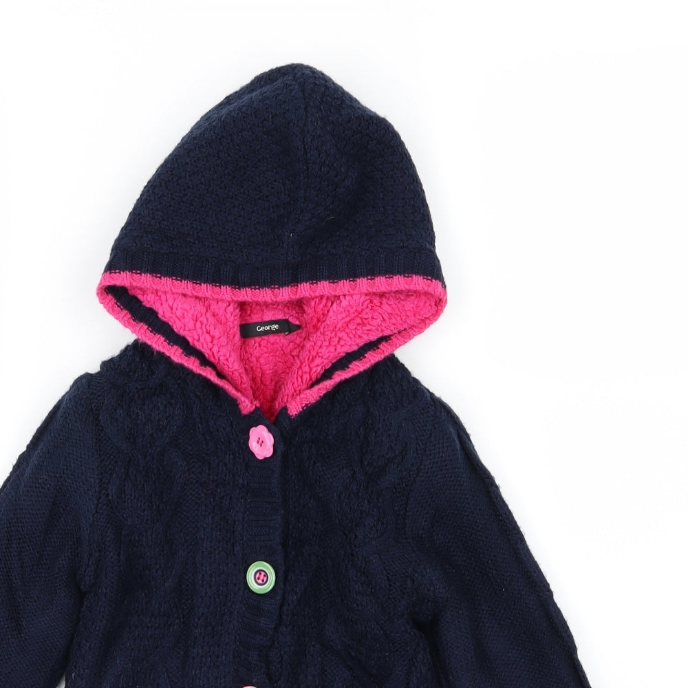 George Girls Blue Floral Knit Cardigan Jumper Size 5-6 Years  - Fleece Lined