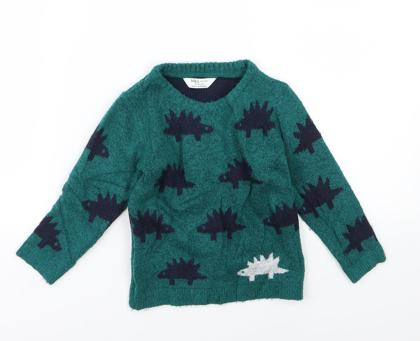 Marks and Spencer Boys Green  Knit Pullover Jumper Size 18-24 Months  - Dinosaurs