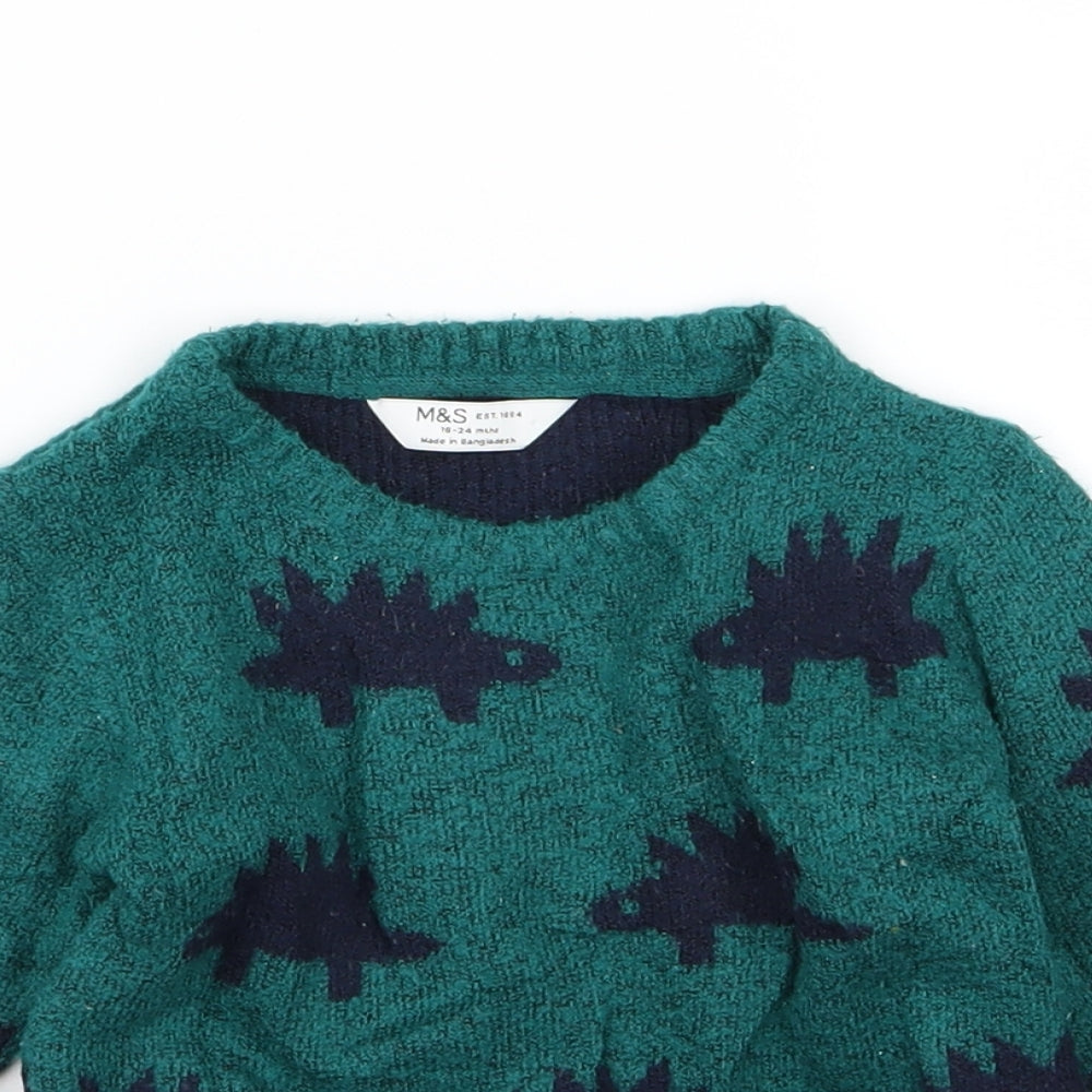 Marks and Spencer Boys Green  Knit Pullover Jumper Size 18-24 Months  - Dinosaurs