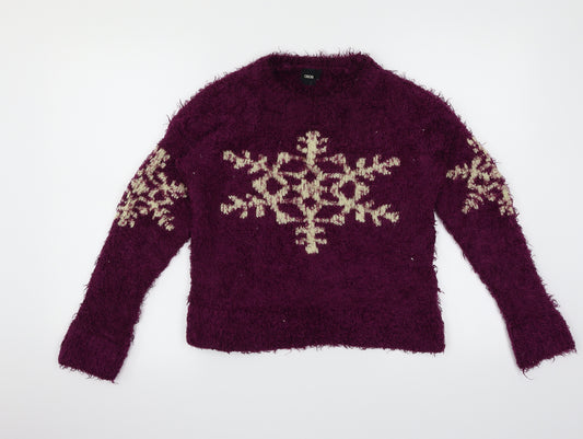 Front view of ASOS women’s purple jumper, size UK 8, - snowflake