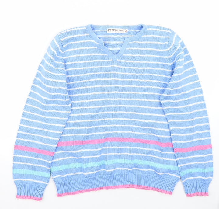 EWM Womens Blue Striped Pullover Jumper Size M