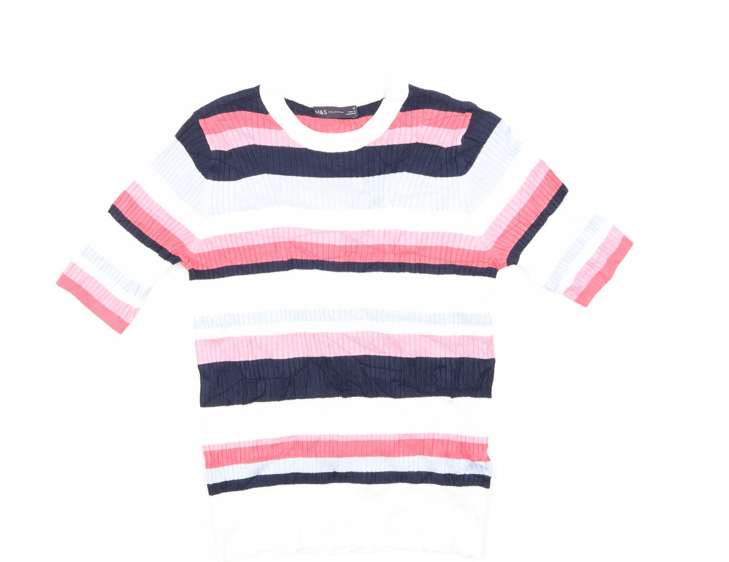 Marks and Spencer Womens White Striped  Basic T-Shirt Size 12