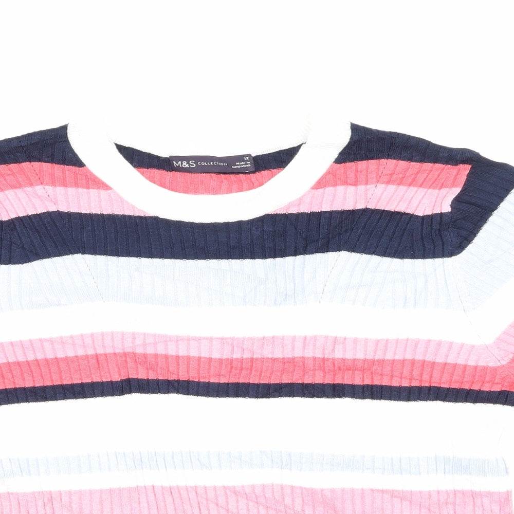 Marks and Spencer Womens White Striped  Basic T-Shirt Size 12