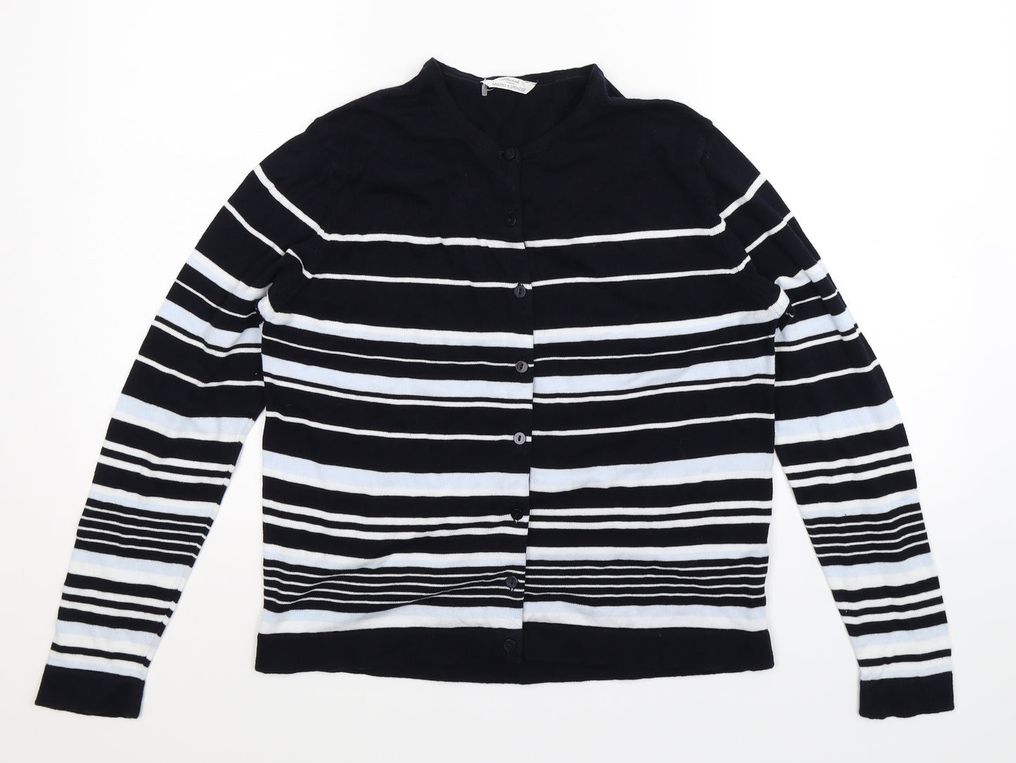 St Michael Womens Blue Striped Knit Cardigan Jumper Size 14