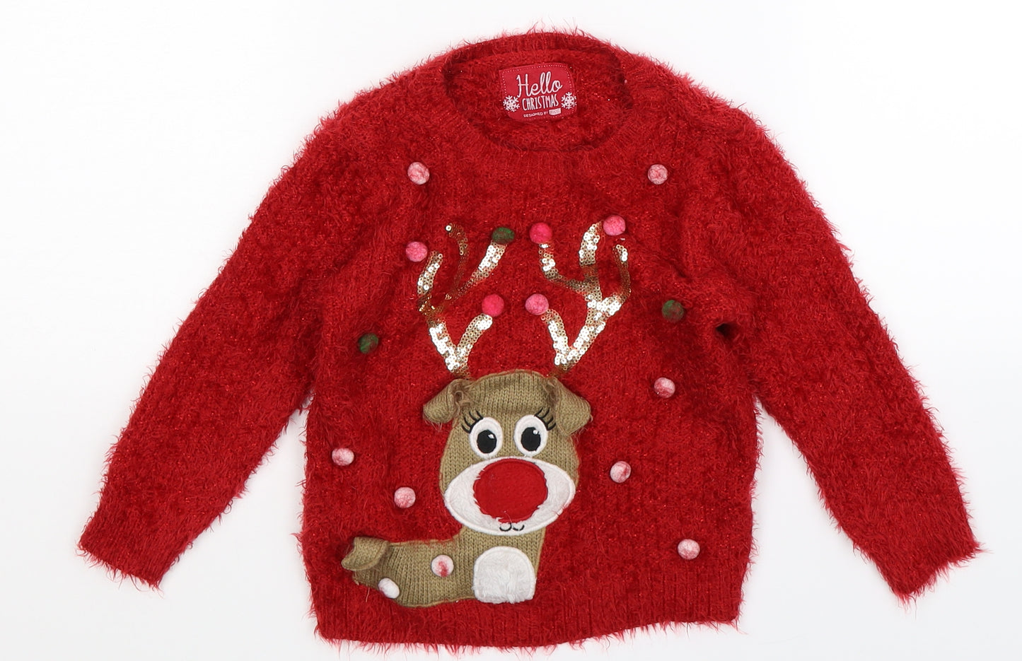 F&F Girls Red  Knit Pullover Jumper Size 3-4 Years  - Christmas