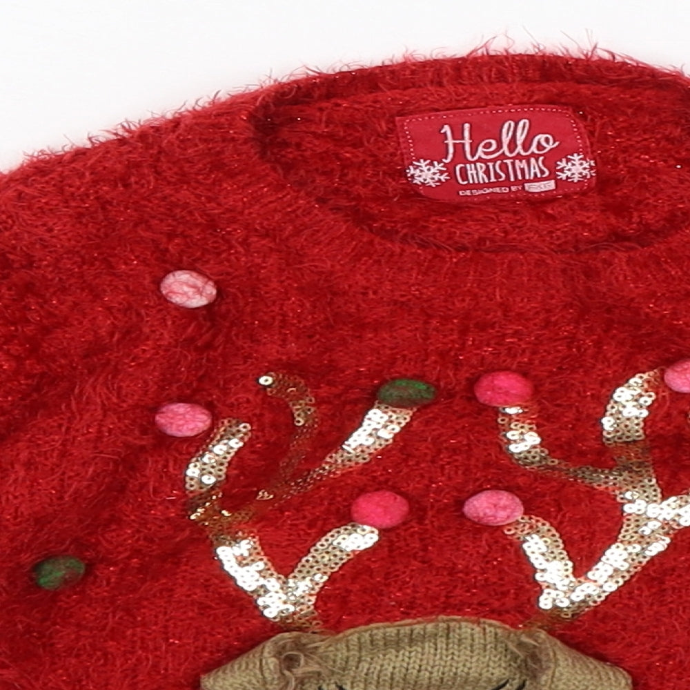 F&F Girls Red  Knit Pullover Jumper Size 3-4 Years  - Christmas