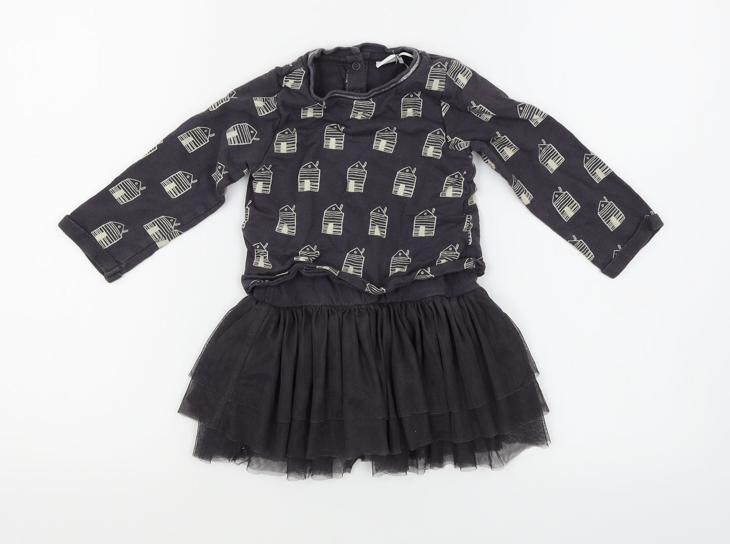 Mini Club Baby Blue Geometric  Fit & Flare  Size 12-18 Months  - houses print