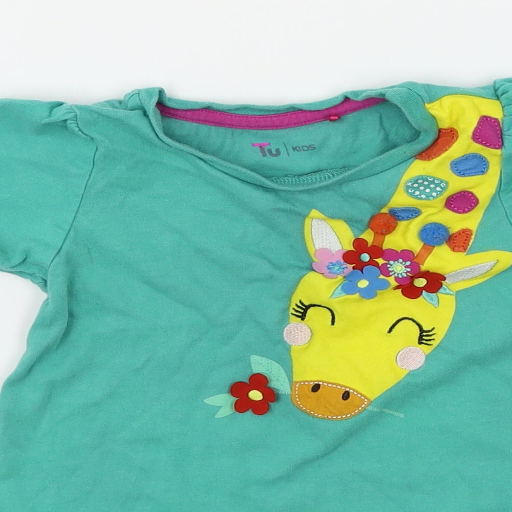 TU Girls Green   Basic T-Shirt Size 2-3 Years  - Giraffe Print