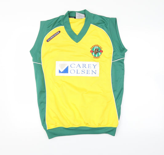 Front view of Surridge men’s yellow jumper, size M, - farmers c.c. jersey
