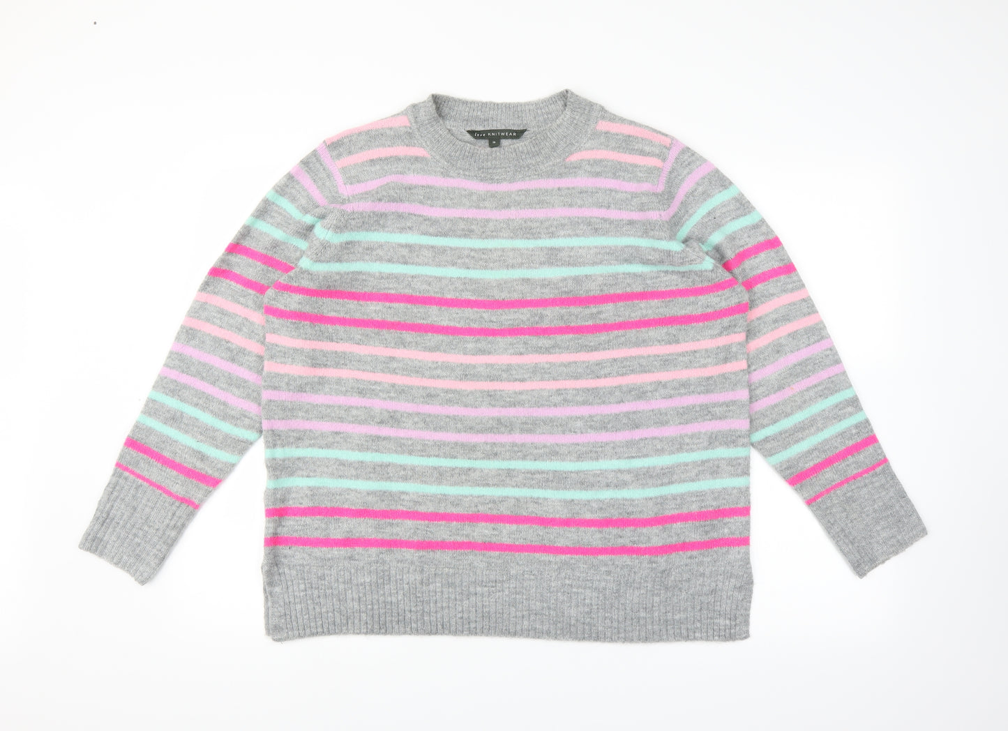 Bonmarché Womens Grey Striped Knit Pullover Jumper Size 16