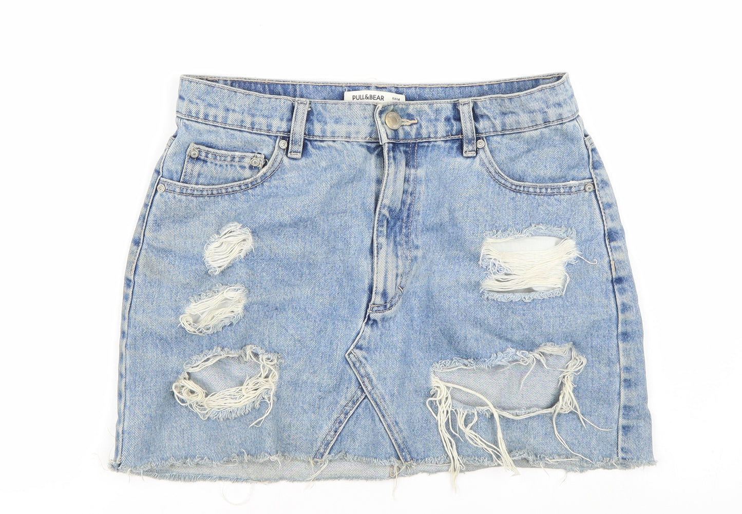Pull & Bear Womens Blue  Denim Mini Skirt Size M  - Distressed