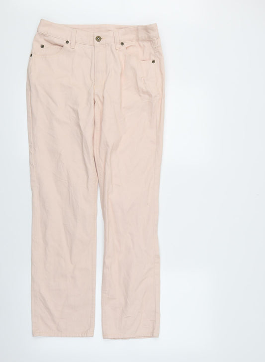 Front view of Liz Claiborne women’s pink denim straight jeans, size UK 6, 27-inch leg