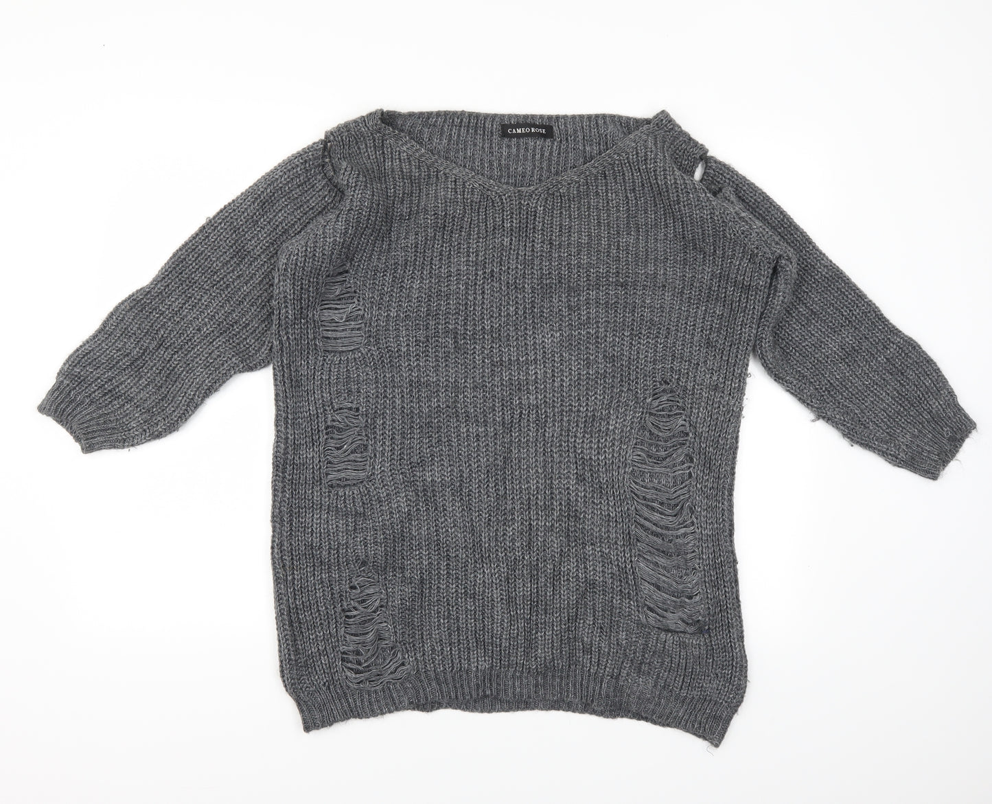 CAMEO ROSE Womens Grey   Henley Jumper Size M  - Distressed