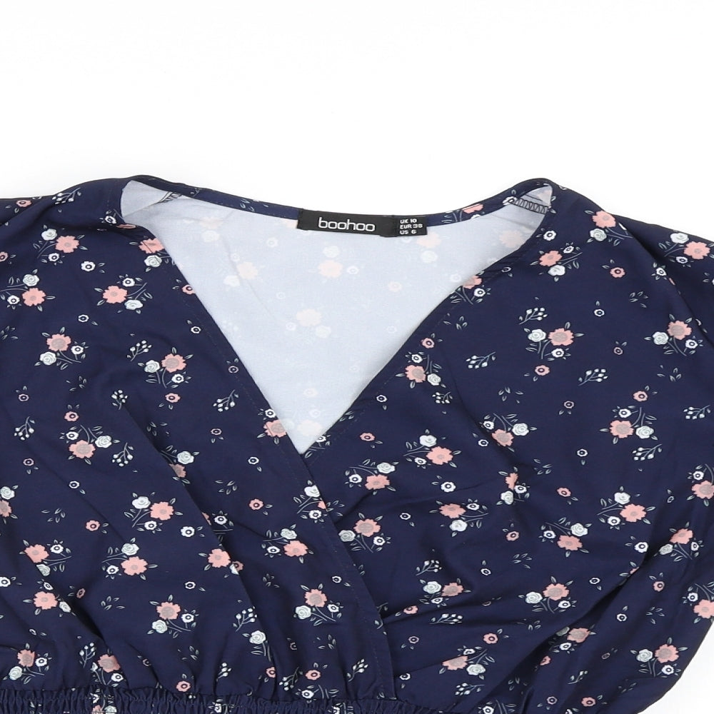 Boohoo Womens Blue Floral  Basic Blouse Size 10