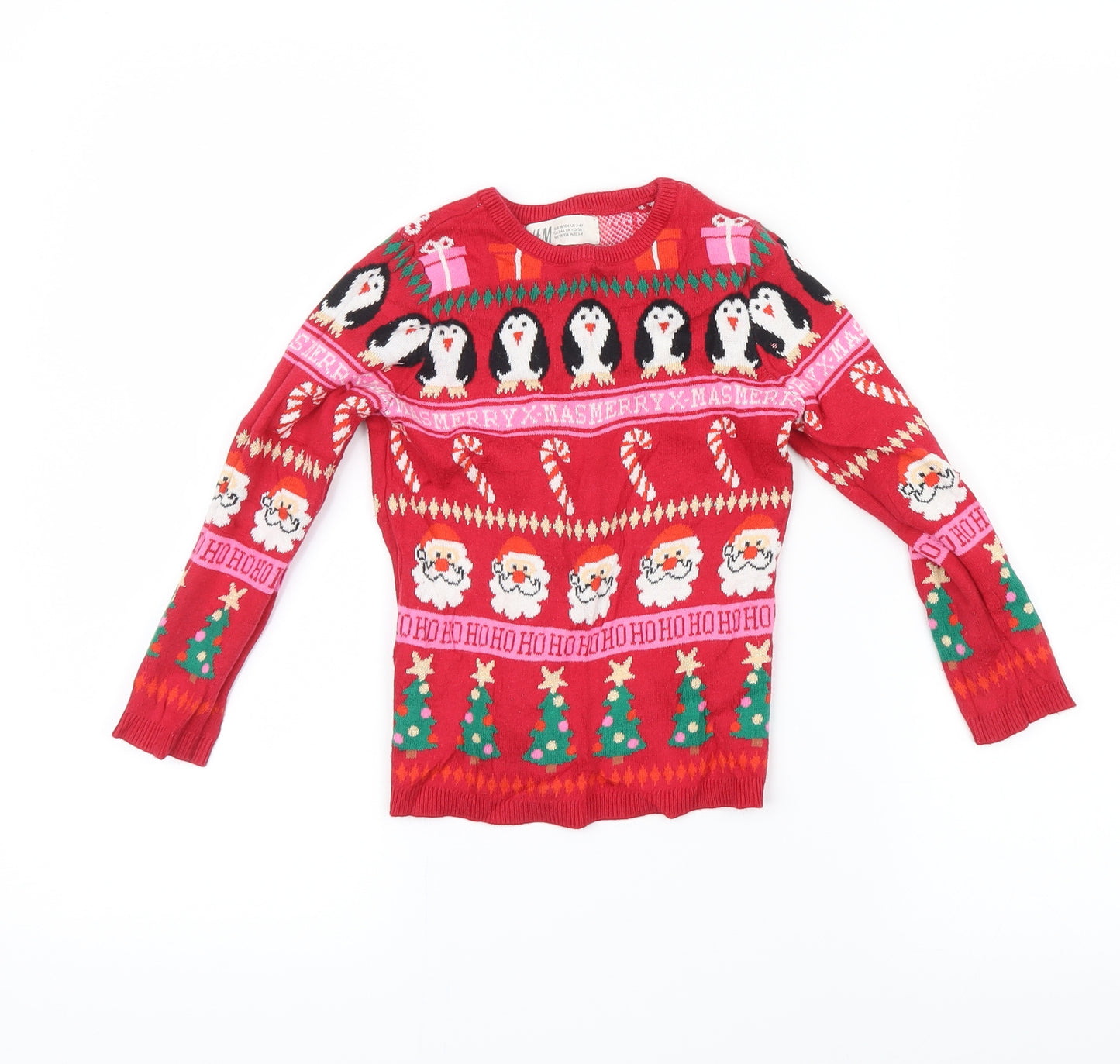 H&M Girls Red Fair Isle  Pullover Jumper Size 3 Years  - happy xmas