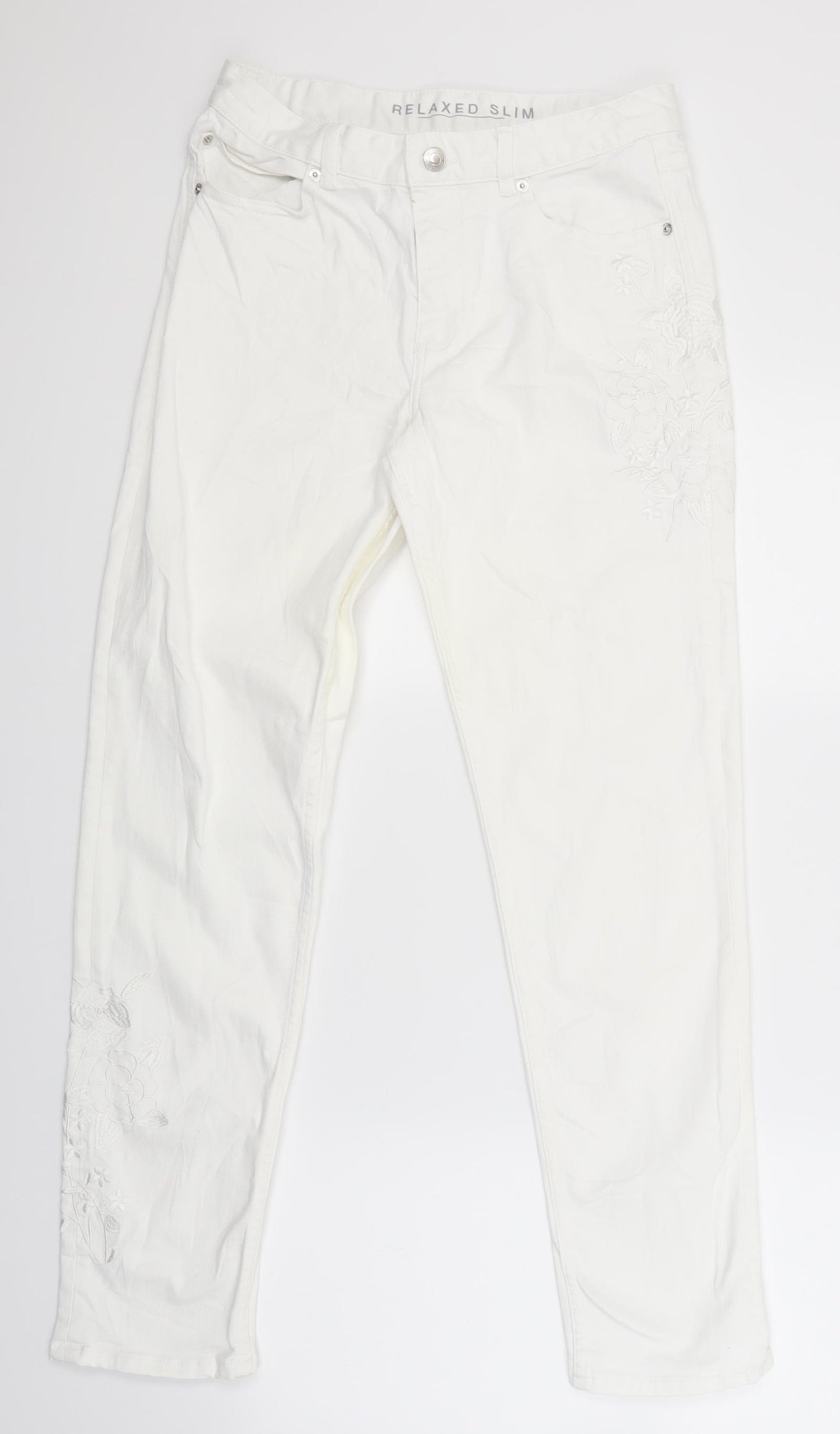 Marks and Spencer Womens White  Denim Straight Jeans Size 10 L28.5 in - flowers