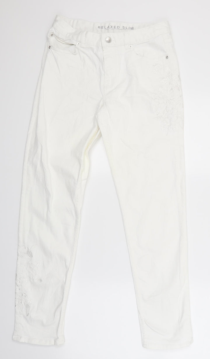 Marks and Spencer Womens White  Denim Straight Jeans Size 10 L28.5 in - flowers