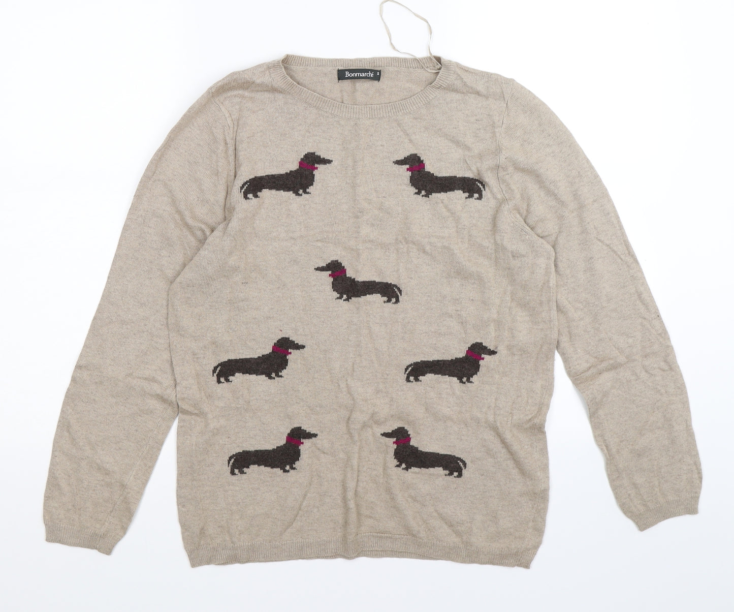 Bonmarché Womens Beige Animal Print Knit Pullover Jumper Size S  - sausage dog