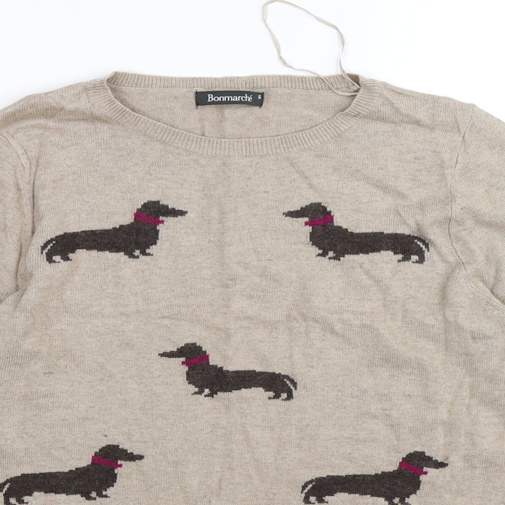 Bonmarché Womens Beige Animal Print Knit Pullover Jumper Size S  - sausage dog