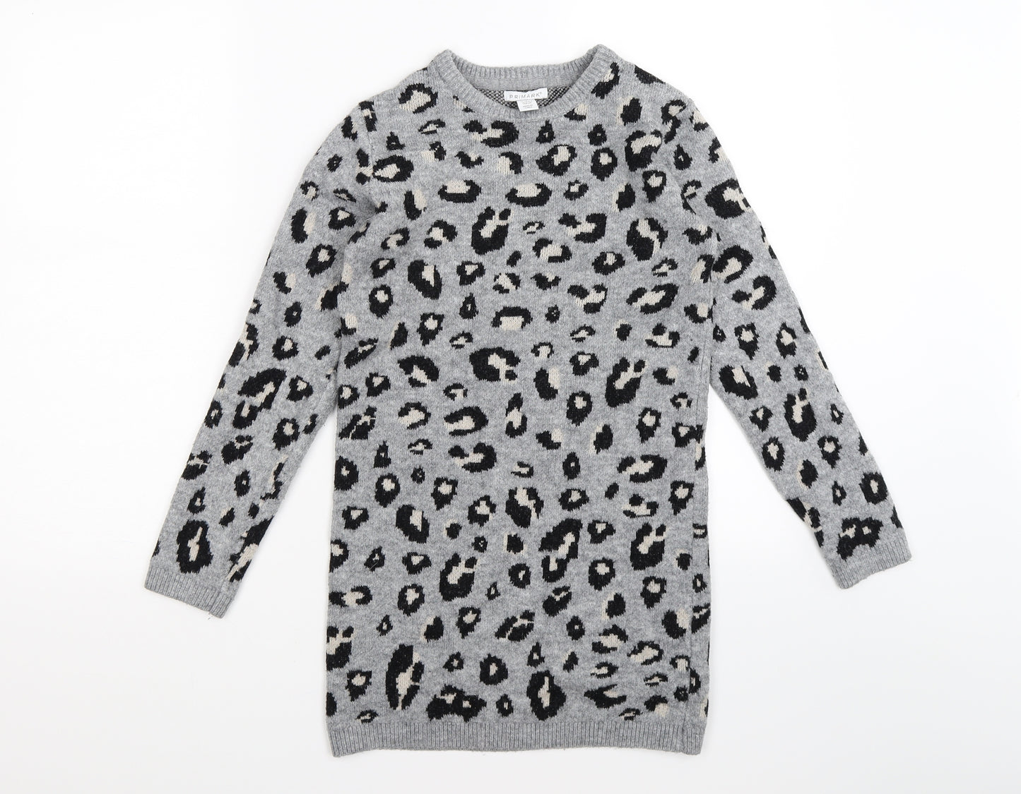 Primark Girls Grey Animal Print Knit Jumper Dress  Size 9-10 Years  - leopard print