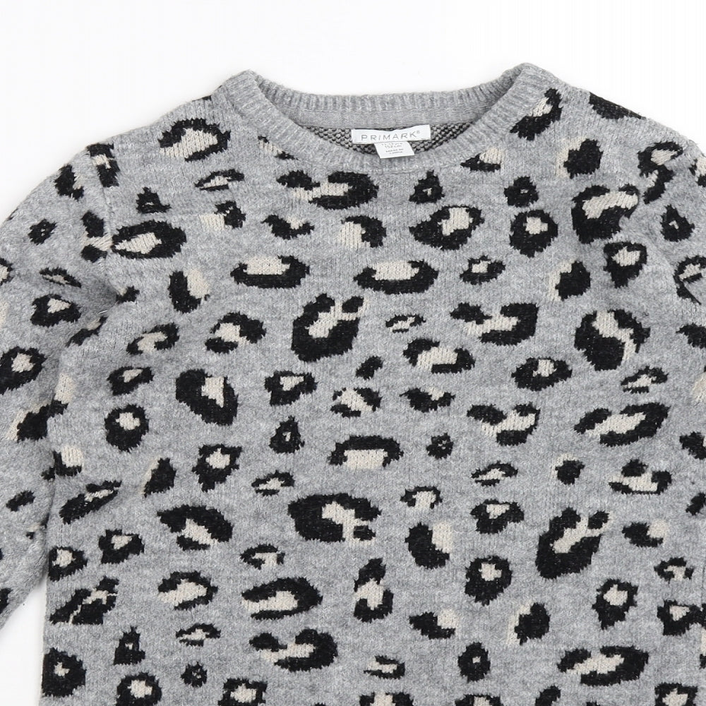 Primark Girls Grey Animal Print Knit Jumper Dress  Size 9-10 Years  - leopard print