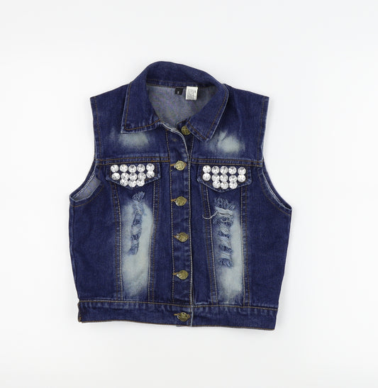 Front view of Preworn girls’ blue jacket waistcoat, size S, - distressed